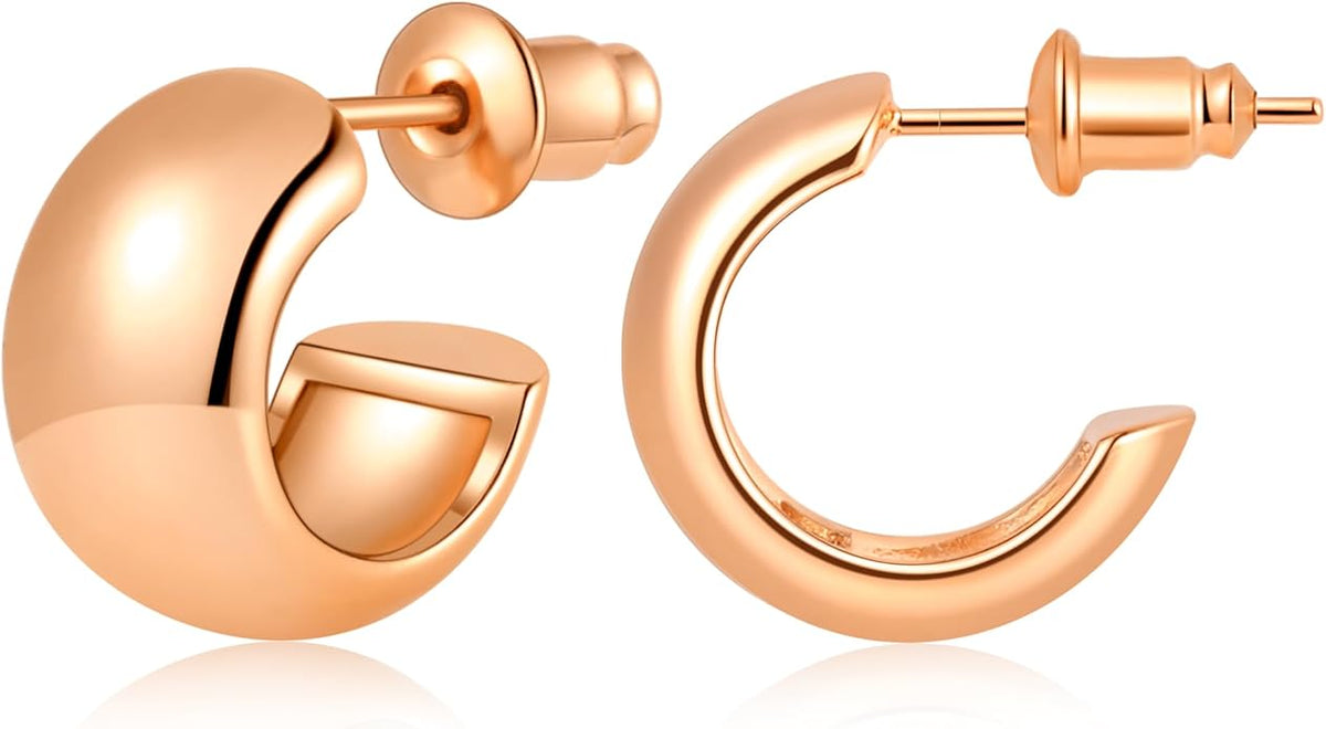 Gamicy Small 14K Gold Plated Hoop Earrings for Women with 925 Stering Silver Post, 14K Real Gold Plated Chunky Lightweight Hoops Earrings