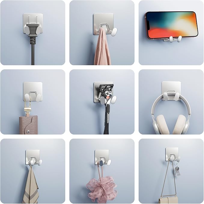 Adhesive Shower Hooks for Inside - Extra Sticky Stainless, Razor Holder Shower Accessories, Wall Mounted Self-Adhesive Double Hooks for Razor, Loofah, Towel, Shaver, Coat, Key, Silver, 4-Pack