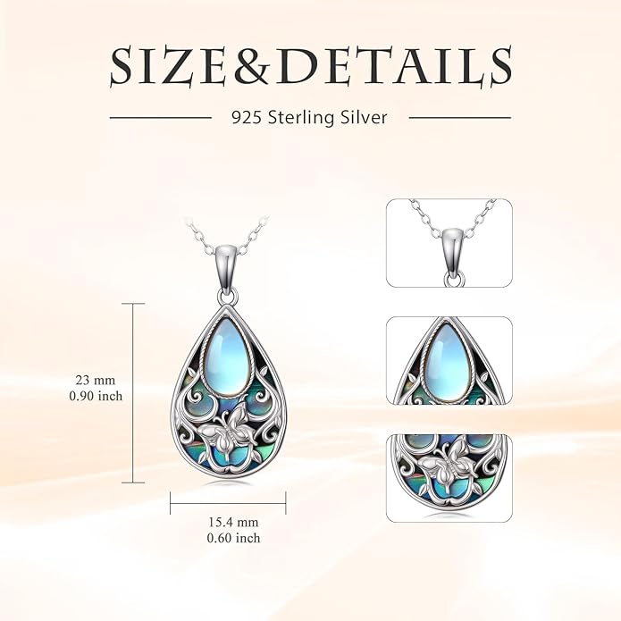 Black Onyx Necklace 925 Sterling Silver Flower Insect Pendant Teardrop Onyx Jewelry Valentines Day Birthday Gifts for Women