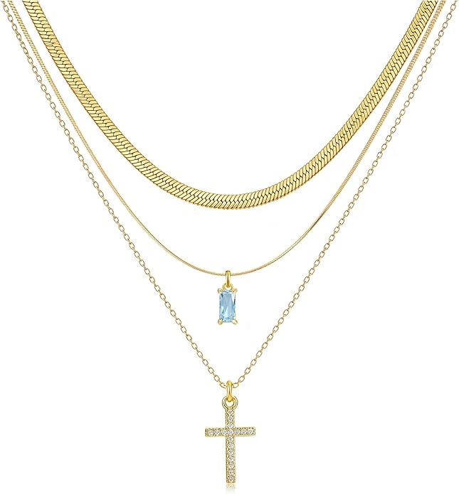 3Pcs Gold Layered Necklaces for Women, 14K Gold Plated Cross Necklace, Dainty Birthstone Necklace for Women, Herringbone Gold Necklaces Set, Stackable Women's Gold Pendant Necklaces Jewelry Set