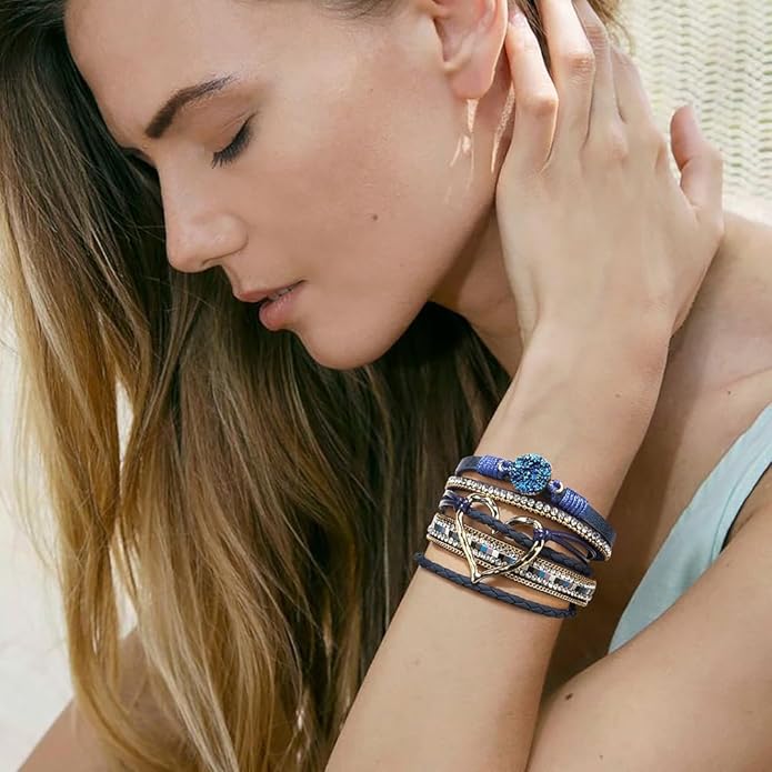 Suyi Multilayer Leather Wrap Bracelet Heart-Shape Wide Cuff Bracelets for Women