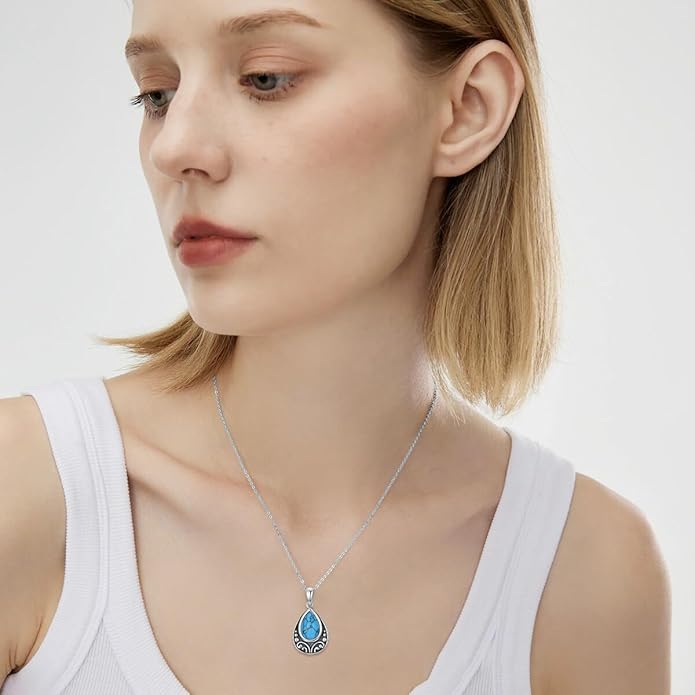 Natural Turquoise Necklace, 925 Sterling Silver Teardrop Pendant, Dainty Blue Gemstone Boho Jewelry Gift for Women