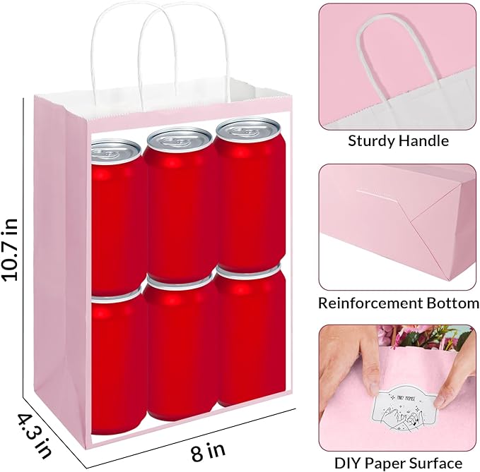 SUNEE Gift Bags with Handles 8x4.3x10.7, 100 Pcs Paper Bags Medium Size Bulk for Gift Wrapping, Retail, Party Favors and Small Business - Pink