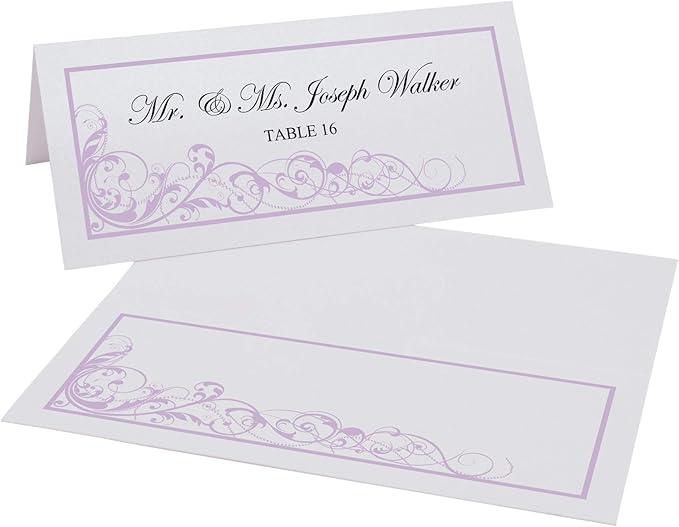 Scribble Vintage Swirl Printable Place Cards, Lavender (Choose Color), Set of 60 (10 Sheets), Laser & Inkjet Printers - Wedding, Party, Dinner, and Special Events