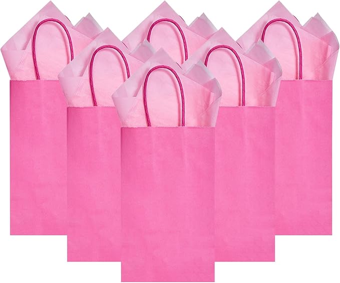DjinnGlory 100 Pack Small Hot Pink Paper Gift Bags with Handles 9x5.5x3.15 Inch for Small Business, Weddings, Bridal Showers, Themed Birthday Party Goodies Favors