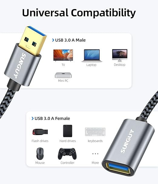 SUNGUY 5Gbps USB 3.0 Extension Cable, 3FT USB Extender, USB A Male to Female Cord, Braided High Data Transfer Compatible with Xbox, Hard Drive, Webcam, USB Keyboard, Mouse, Flash Drive, Oculus VR