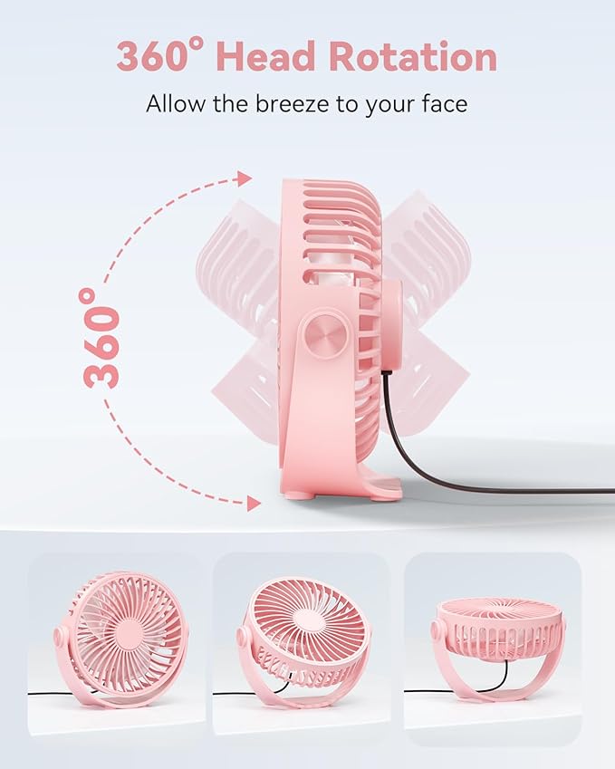 USB Desk Fan, 5 Inch Mini Portable, 3 Speeds Strong Airflow Personal Desktop, Detachable Cooling Fan 360° Rotation Quiet Small Fan for Desk Home Office Travel Car, Pink, 5ft Cable