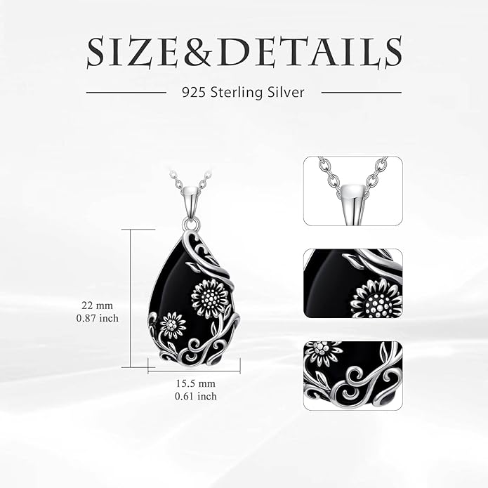Black Onyx Necklace 925 Sterling Silver Flower Insect Pendant Teardrop Onyx Jewelry Valentines Day Birthday Gifts for Women