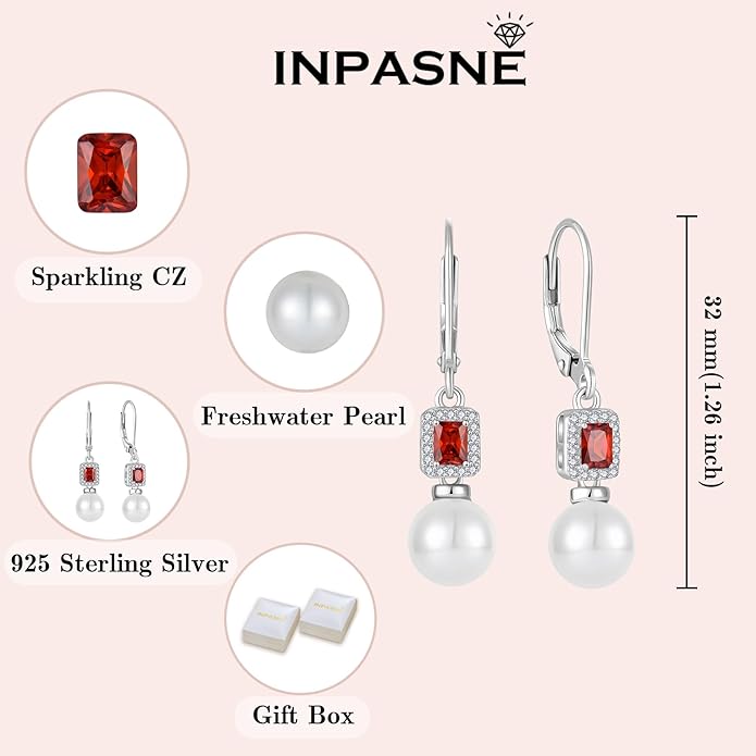Pearl Jewelry Set 925 Sterling Silver Garnet Necklace Earrngs Emerald Cut January Birthstone Jewelry Gifts for Her