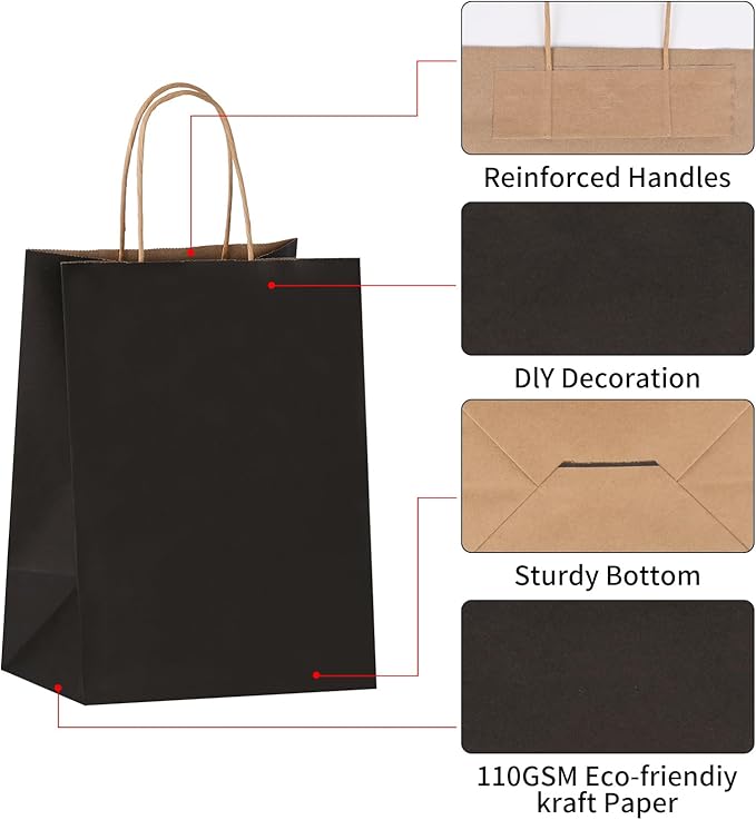 Joybe 200 Pack 8x4.75x10 Inch Medium Black Kraft Paper Bags with Handles Bulk, Craft Paper Gift Bags for Party Favors Grocery Retail Shopping Business Goody Merchandise Take Out Blank Sacks (200pcs)