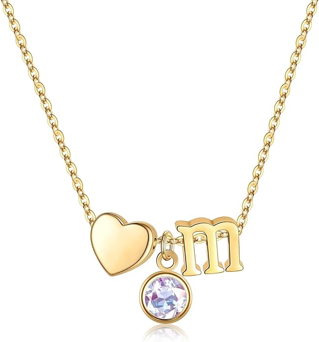 Ursilver Initial Birthstone Necklace for Women - Heart Initial Birthstone Pendant Necklace Personalized Gifts Birthday Gifts for Women
