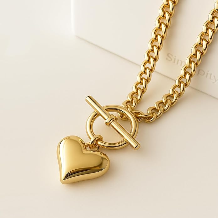 Zeffy 14K Gold/Silver Plated Chunky Thick Chain Toggle Clasp Necklace Dainty Baroque Pearl/Heart/Cross/Turquoise Pendant Necklace