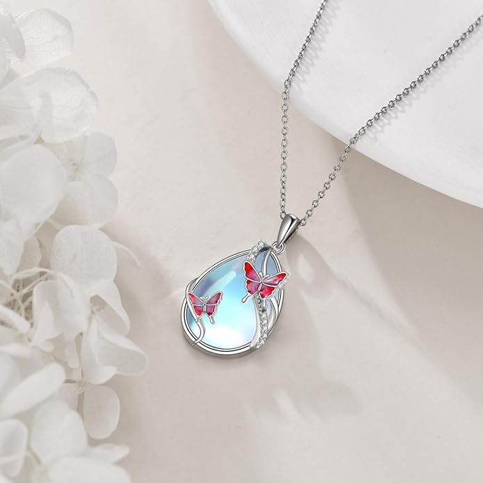 KQF Dragonfly/Butterlfy/Cat/Jellyfish/Bunny/Axolotl/Bee/Mermaid/Hummingbird/Elephant Necklace for Women Sterling Silver Moonstone Pendant Necklace Dragonfly Jewelry Gifts for Women