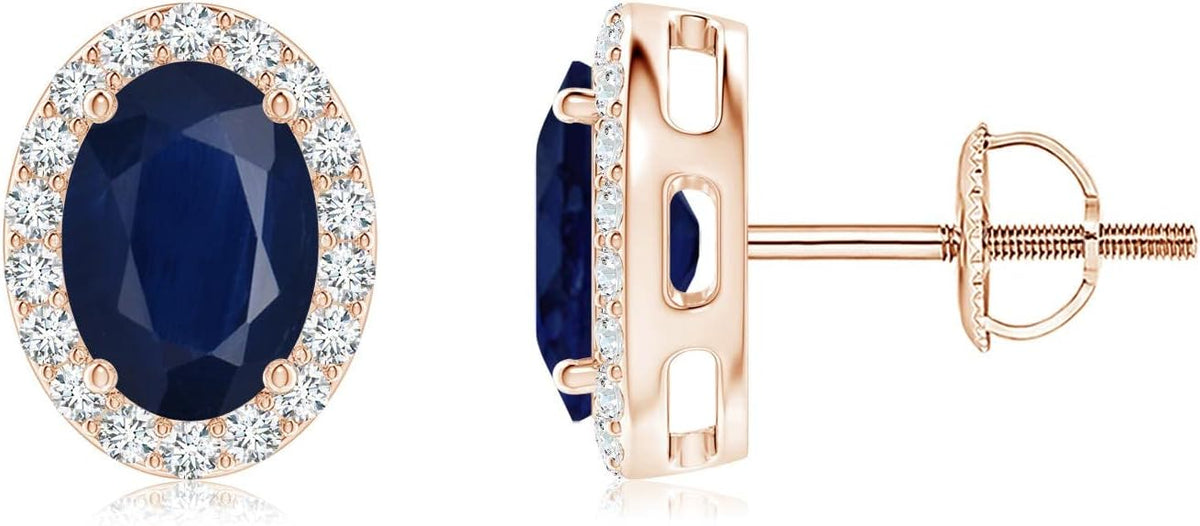 ANGARA Natural Blue Sapphire Earrings for Women | Prong-Set Oval Blue Sapphire Stud Earrings with Diamond Halo in 14K Solid Gold/Platinum | September Birthday, Anniversary, Gemstone Jewellery Gift