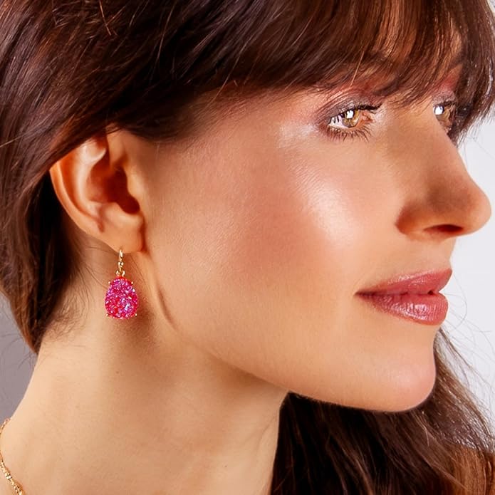 Teardrop Dangle Earrings for Women with Simulated Druzy Stones in Gold or Silver Tone