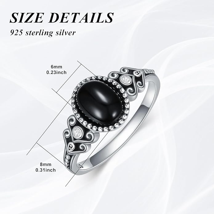 925 Sterling Silver Oxidized Black Onyx Rings for Women - Round & Heart 9mm Onyx Vintage Retro Design, Ideal for Daily Wear