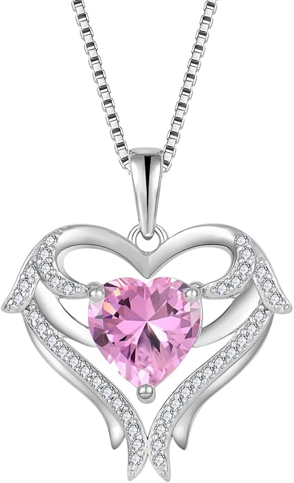 FJ Heart Angel Wings Pendant Necklace 925 Sterling Silver Birthstone Jewelry Gifts for Women