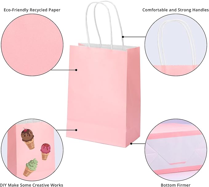 100 Pack 5.9x3.15x8.26 inch Small Pink Gift Bags, Kraft Bags with Handles Bulk for Birthday Party Favors,Gift Paper Bags,Retail Shopping Business Goody Craft Gift Bags
