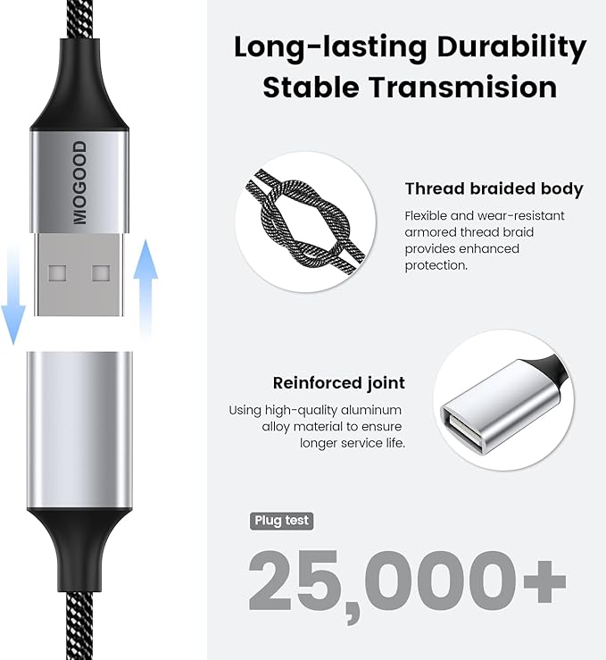USB Extension Cable,USB A Male to 2 Female Extension Cord Durable USB Splitter Cable Nylon Braided Fast Data Transfer Compatible with Printer, USB Keyboard, Flash Drive, Hard Drive, PlayStation