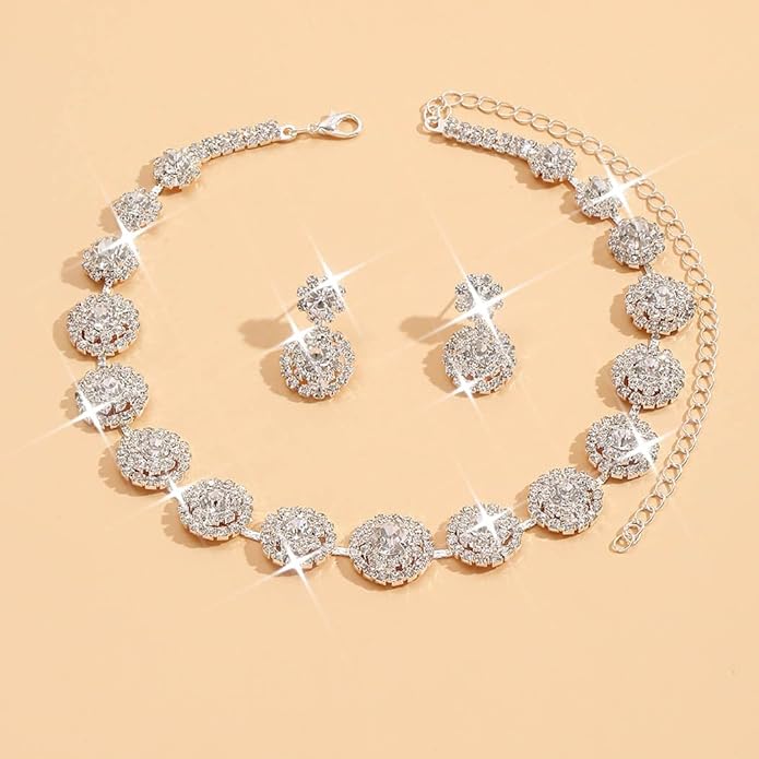 Unicra Bridal Wedding Jewelry Set Silver Rhinestone Necklace Earrings Sets Formal Costume Jewelry for Women and Brides
