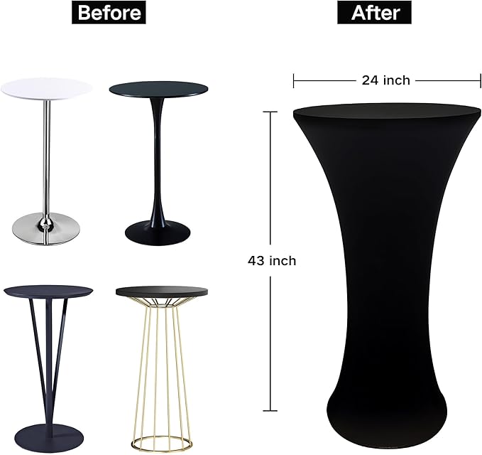 5PCS 24x43 Inch Round Fitted Cocktail Table Cover Black Spandex Cocktail Table Cloth Highboy Fitted Tablecloth High Top Table Cloths for Party Pub Banquet Bistro