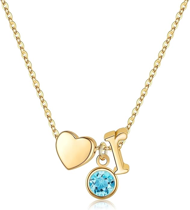 Ursilver Initial Birthstone Necklace for Women - Heart Initial Birthstone Pendant Necklace Personalized Gifts Birthday Gifts for Women
