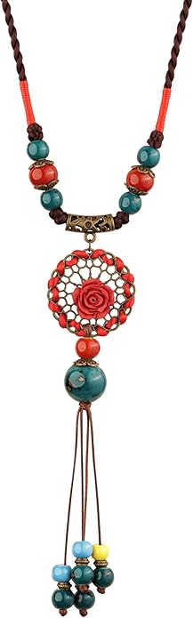 MINACHI Vintage Bohemian Colorful Ceramic Bead Antique Flower Y Necklace, Vintage Boho Hippie Statement Jewelry Gift for Women