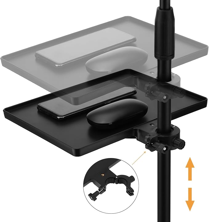 RTNLIT Microphone Music Stand Tray, Adjustable Clamp On Rack Tray Holder with 7.7 Pound Weight Capacity, for Music Sheet, Singing, Stage, Audio Recording (10.6" x 8")
