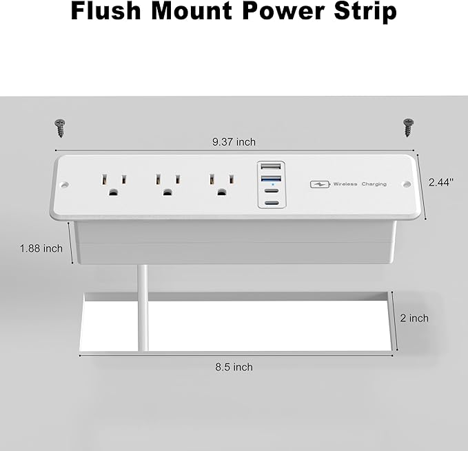 8 in 1 Recessed Power Strip with 15W Wireless Charger, 20W Fast Charging Furniture Outlet, Plug in 3 AC Outlets & 4 USB Ports Flush Mount, 10FT Cord