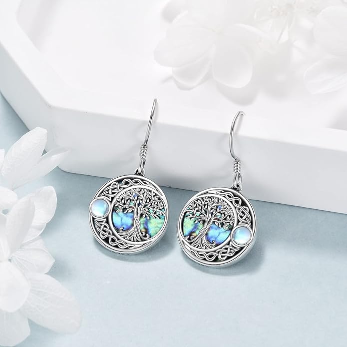 Tree of Life Earrings Sterling Silver Celtic Tree of Life Abalone Shell Dangle Drop Earrings for Women Jewelry