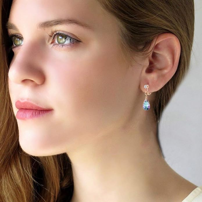 Teardrop Austrian Crystal Drop Clip On Dangle Earrings for Women Non Pierced 14K Rose Gold Plated Hypoallergenic Jewelry