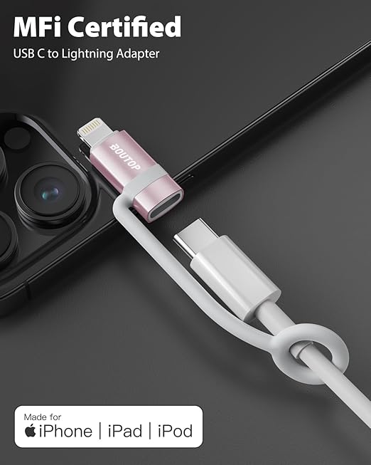 [MFi Certified] 36W USB C to Lightning Cable Adapter, Support Data Sync/PD Fast Charging Compatible with iPhone iPad AirPods, with Anti-Lost Holder - Rose Gold 3 Pack