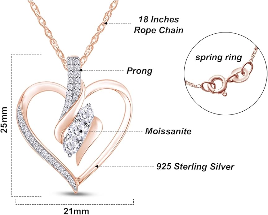 3 Stone Heart Pendant Necklace for Women in 14K Gold Over 925 Sterling Silver, Natural Diamond, Moissanite or Lab-Grown Diamond (0.25 Ct), Dainty Jewelry Gift with 18" Chain for Her Valentine’s Day
