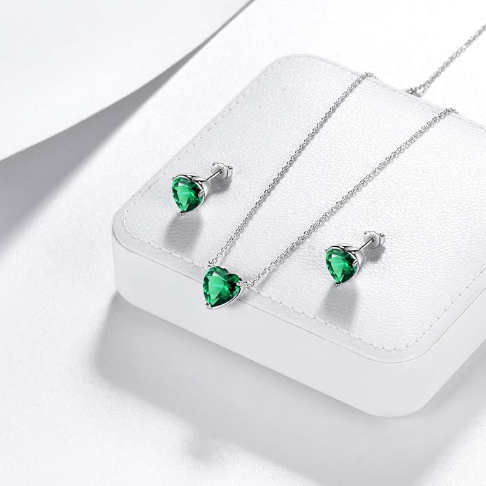 Aurora Tears Hearts Necklace Earrings Jewelry Sets - Women 925 Sterling Silver Birthstone Pendants Earrings Set Crystal Wedding Birthday Jewelry