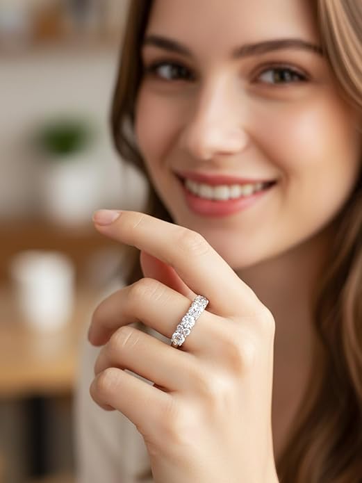 D Color VVS1 Clarity Moissanite Hand Setting Eternity Rings for Women, Solid 925 Sterling Silver Rhodium Finish, Stackable Ring, Wedding Birthday Valentines Anniversary Mothers Day Ideal Gift for Her