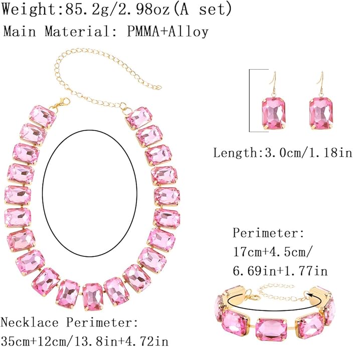 KOSMOS-LI Rectangle Faux Crystal Jewelry Sets Includ Necklace Bracelet Earrings For Women Stocking Stuffers
