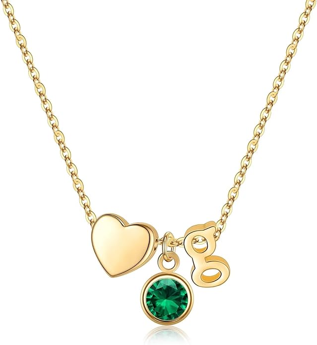 Ursilver Initial Birthstone Necklace for Women - Heart Initial Birthstone Pendant Necklace Personalized Gifts Birthday Gifts for Women