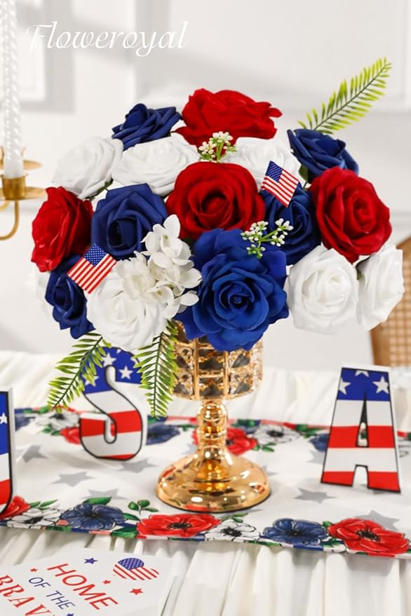 Floweroyal 4th of July Flowers Patriotic Flowers Fake Roses with American Flags for Independence Day, Memorial Day, Floral Arrangement, Table Centerpieces, Home Decorations (Red, Blue, White)