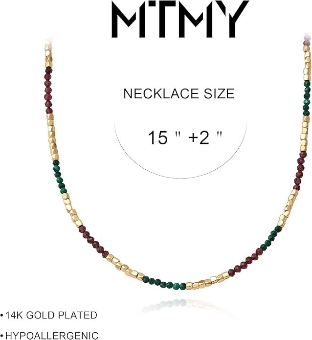 MTMY Beaded Gemstone Choker Necklace for Women, 14K Gold Plated Boho Colorful Natural Stone Bead Chain Necklace Summer Beach Handmade Jewelry