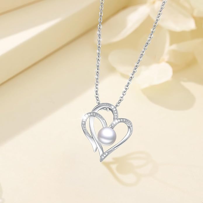 8mm Pearl Necklace 925 Sterling Silver Jewelry AAAAA Cubic Zirconia Heart Pendant Necklace Best Gifts for Mom Women Girlfriend Grandma Friend Lover Her Wedding Birthday Anniversary Graduation Daily