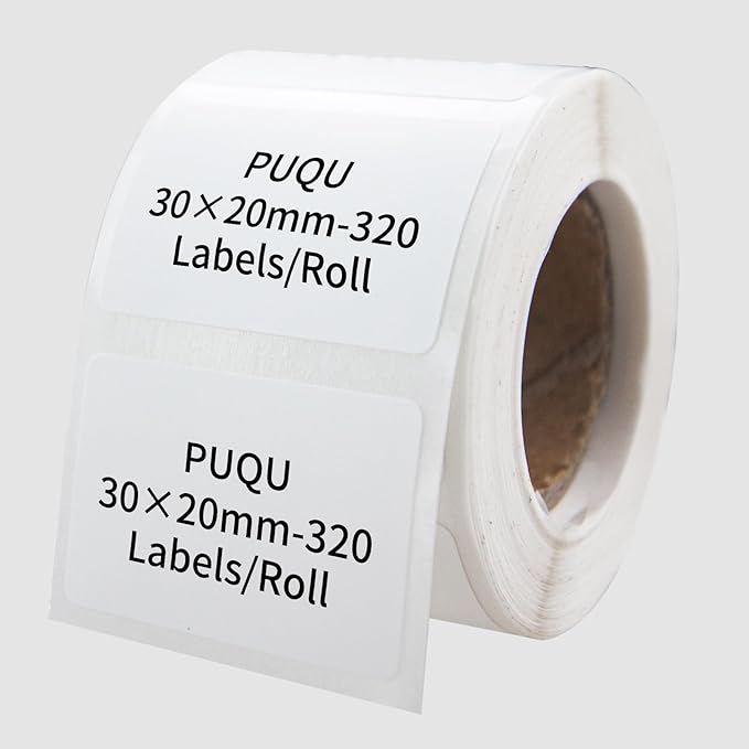 PUQU 30x20mm Direct Thermal Sticker Labels, Self-Adhesive All-Purpose Label Maker Tape, Compatible with AQ Series Label Printer, Refills Standard Laminated Office Labeling, 1 Roll of 320 Labels