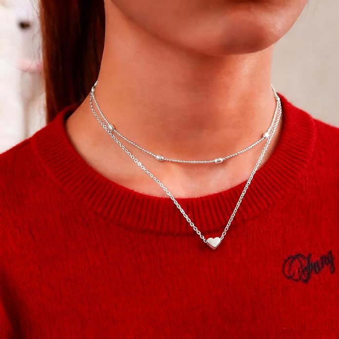 Tgirls Layered Heart Choker Necklace Tiny Puffy Heart Pendant Necklaces Ball Collar Jewelry for Women