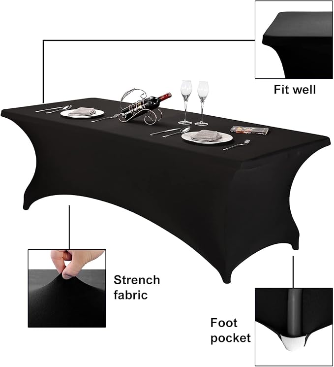 FORLIFE 4Pack Spandex Table Covers，Fitted Tablecloth for Rectangular Tables, Stretch Patio Table Covers, Universal Spandex Table Cover for Wedding, Banquet, Party (8ft, Black)