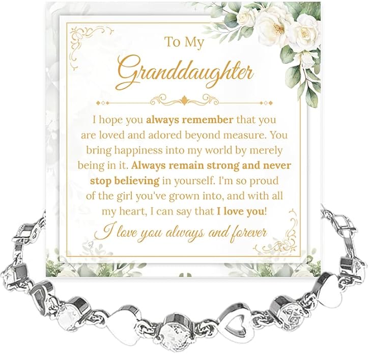 To My Granddaughter Bracelet from Grandma and Grandpa, Heart Chain Bracelet with Shiny Stones, Perfect Birthday or Graduation Christmas Gift for Granddaughter with Message Card and Gift Box