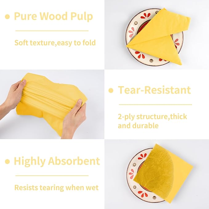 100 Pack Cocktail Napkins, 2-Ply 5x5 Inch Beverage Napkins, Square Edged Disposable Paper Napkins for Wedding, Birthday Party, Dinner, Coffee Bar (Yellow)