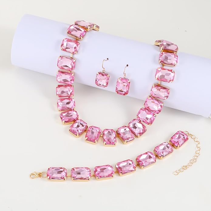 KOSMOS-LI Rectangle Faux Crystal Jewelry Sets Includ Necklace Bracelet Earrings For Women Stocking Stuffers