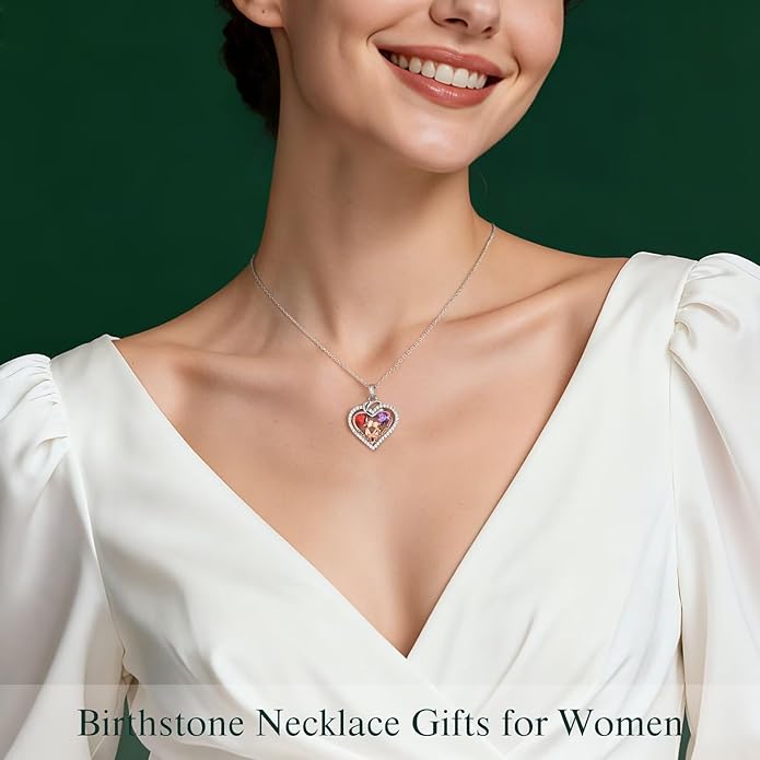 Iefil Valentines Day Gifts for Her - 925 Sterling Silver Double Heart Birthstone Necklace for Women, Anniversary Birthday Gifts for Wife I Love You Gift Couple Sitting Hugging Each Other Jewelry Gift