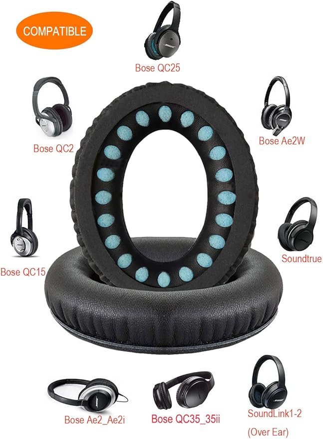 QOQOON Professional Headphone Replacement Ear Pads for Bose QuietComfort 35 2 15 25 Earpads Cushion for QC2 QC15 QC25 SoundTrue SoundLink Around-Ear Headphones (QC35/35ii, Black Cushion + Black Mat)