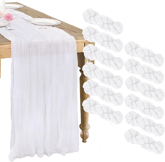 12 Pack White Cheesecloth Table Runner 10FT Boho Gauze Cheese Cloth Fabric 35 x 120 Inch Rustic Sheer Runner for Christmas Wedding Decor Baby Shower Party Boho Decoration
