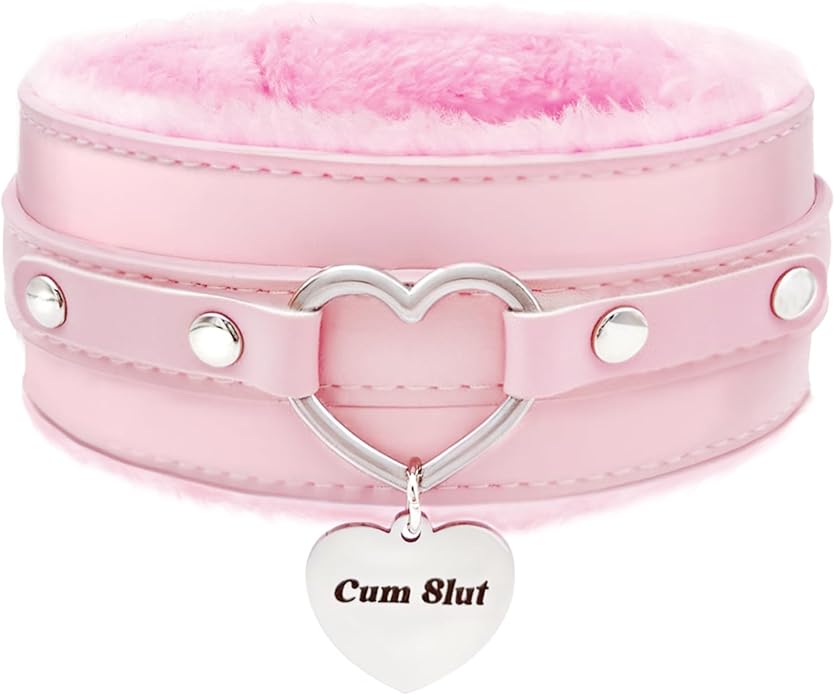 paloli Furry Heart Leather Choker Collar for Women – Personalized Engraved Heart Pendant, Handmade Adjustable Faux Fur Necklace, Cute Gothic Fashion Jewelry